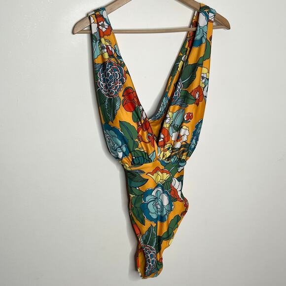 ModCloth Womens Lauren One Piece Swimsuit XL Yellow Floral Colorful Deep V Swim - Picture 4 of 9